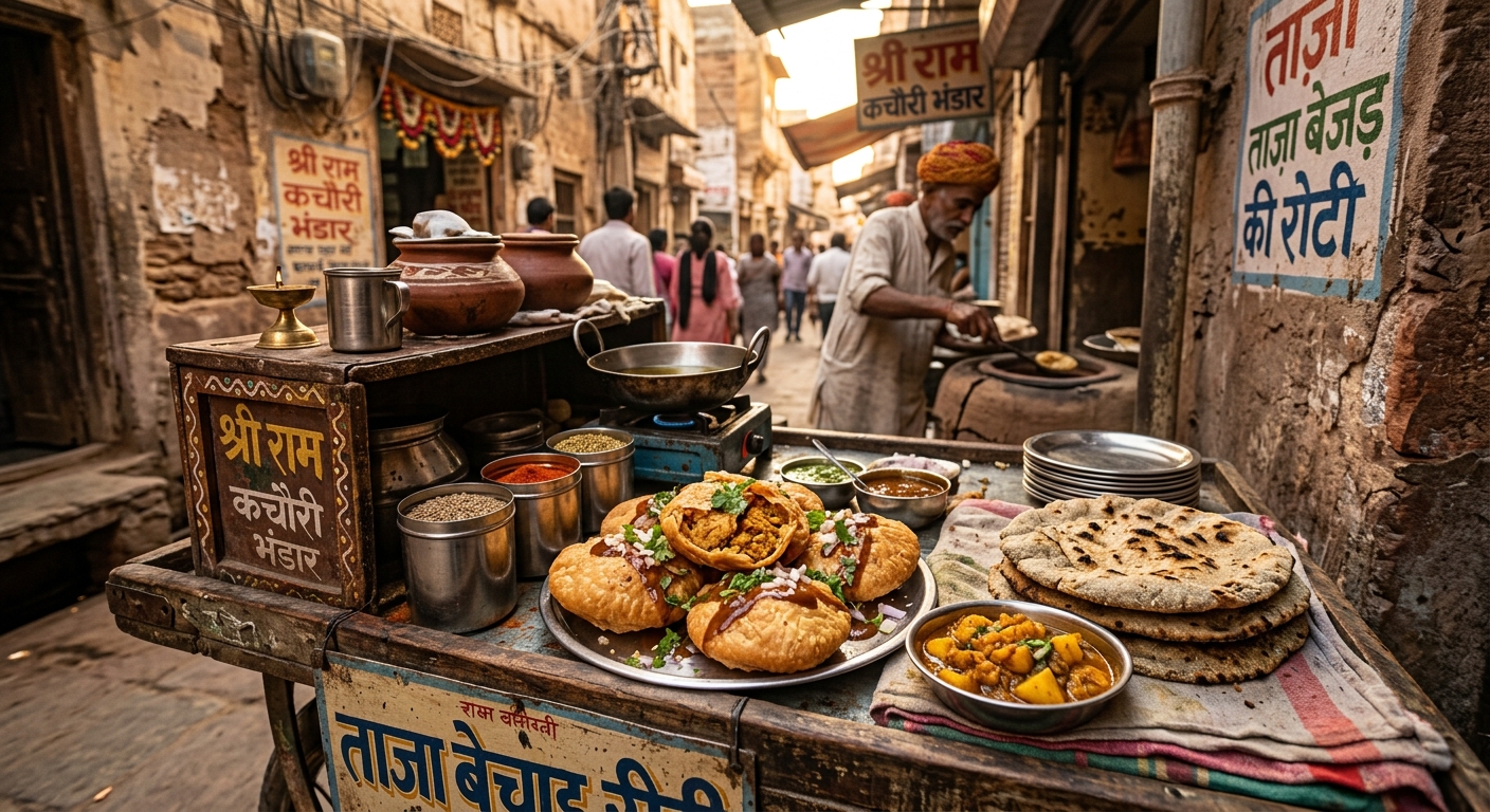 Crispy kachoris and rustic breads at a hidden Jaipur street food stall