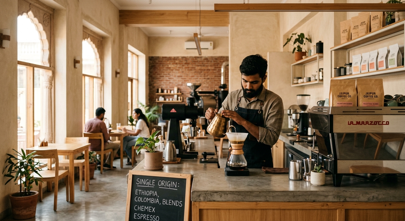 A barista pouring specialty coffee at an indie cafe in Jaipur