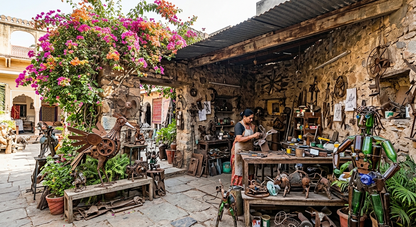 An eclectic home studio in Jaipur featuring scrap metal sculptures and lush bougainvillea.