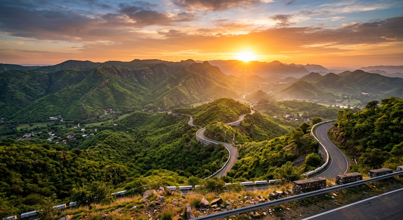 Sunrise view over the Aravalli range at Rayta Hills, Udaipur