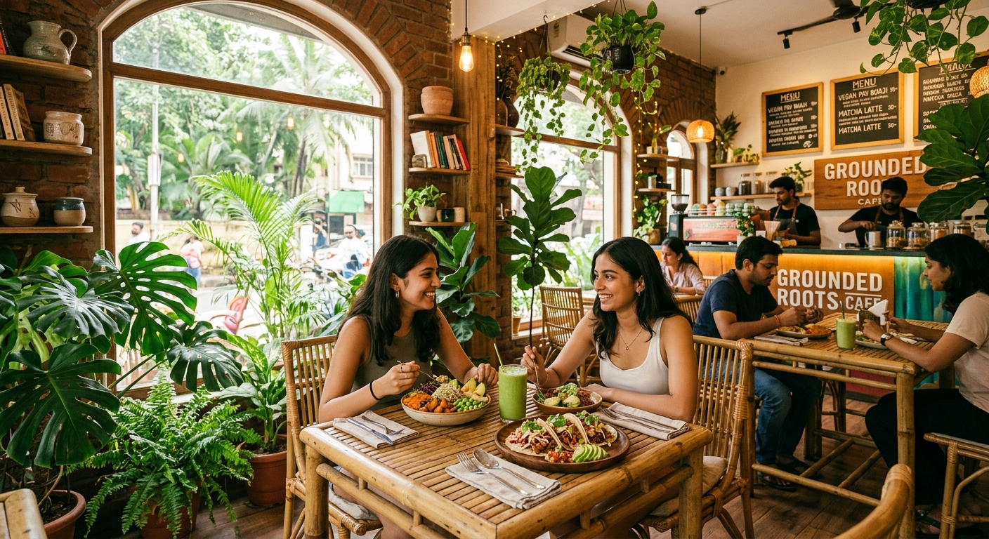 Modern plant-based cafe interior in Bandra