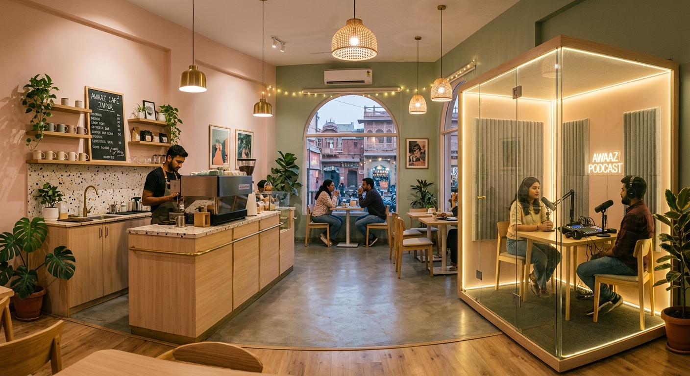 A modern minimalist cafe in Jaipur with an espresso bar and podcast studio