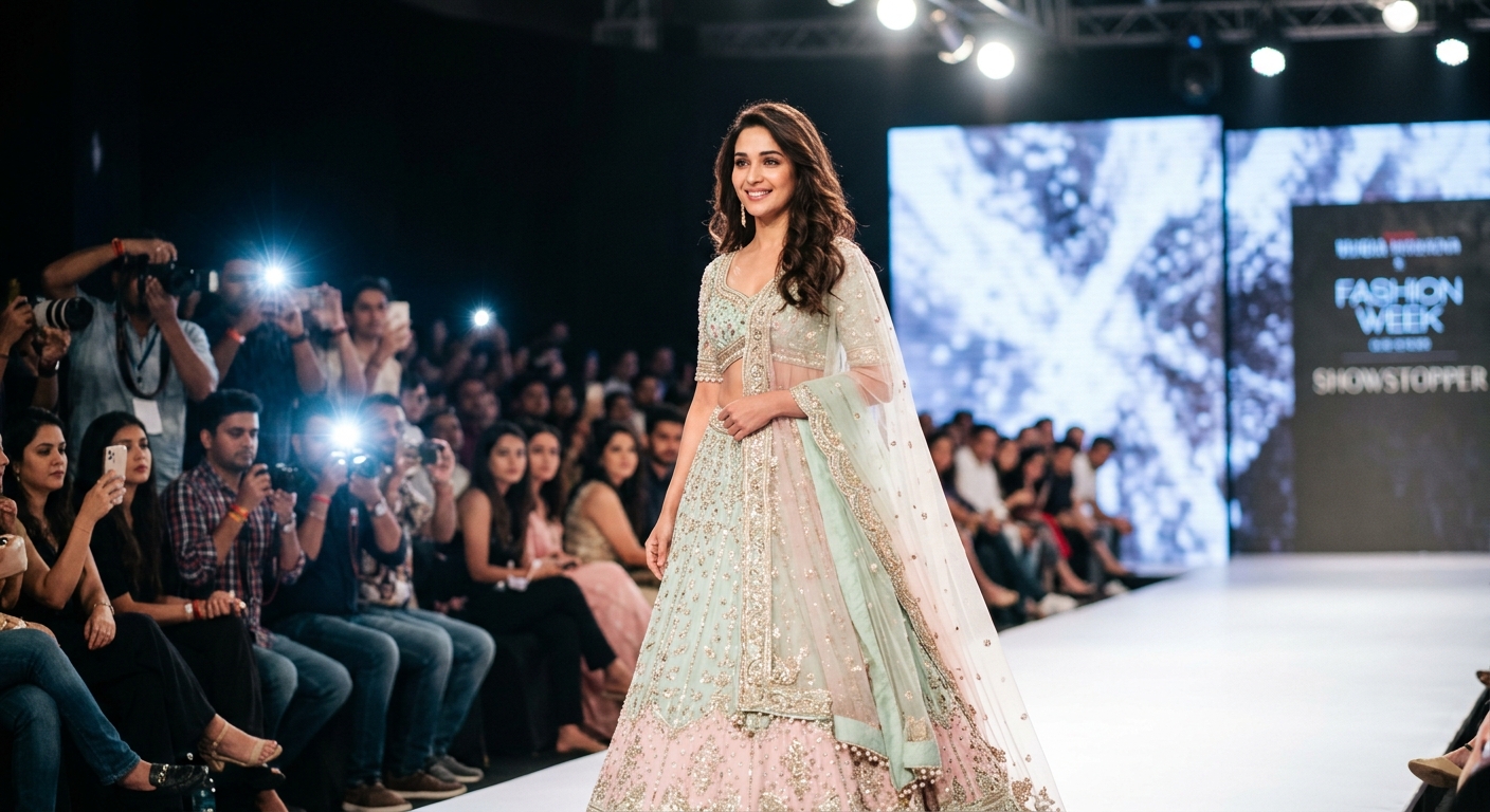 Bollywood actress walking the runway in a pastel lehenga.