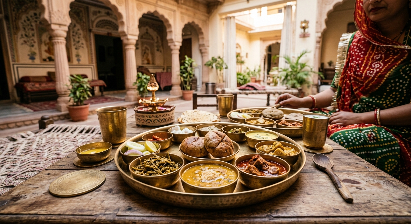 A home-cooked Rajasthani thali served in a heritage courtyard