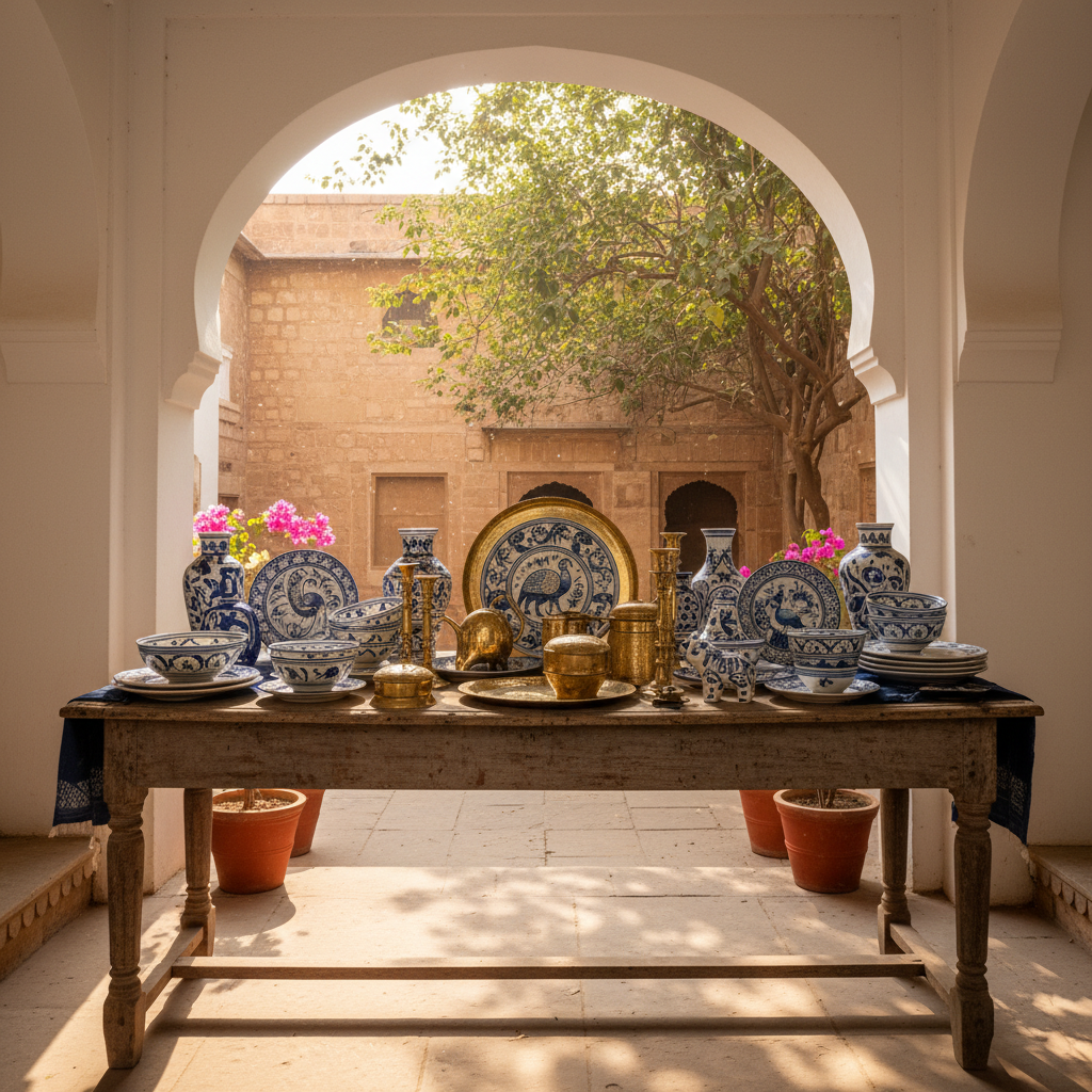 Hand-painted ceramics and brass accessories on a table