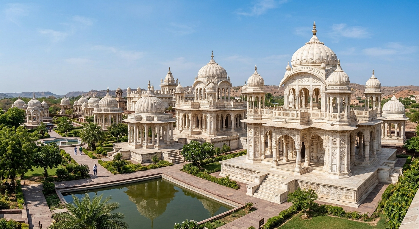 Intricately carved white marble pavilions at the Ahar Cenotaphs in Udaipur.