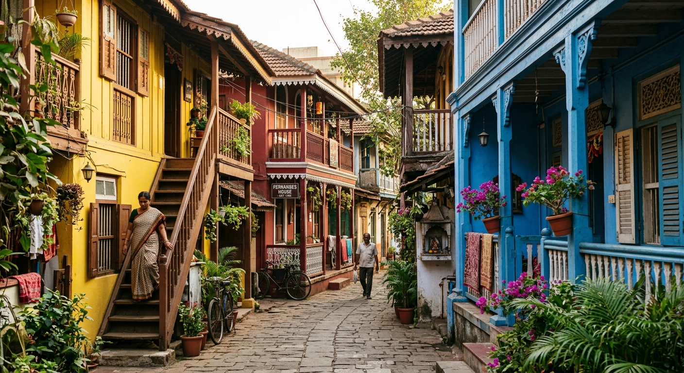 Colorful Portuguese-style wooden houses in the heritage village of Khotachiwadi, Mumbai.