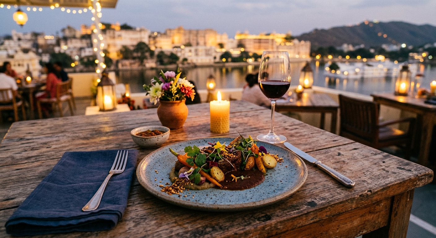 Gourmet farm-to-table dining setup in Udaipur