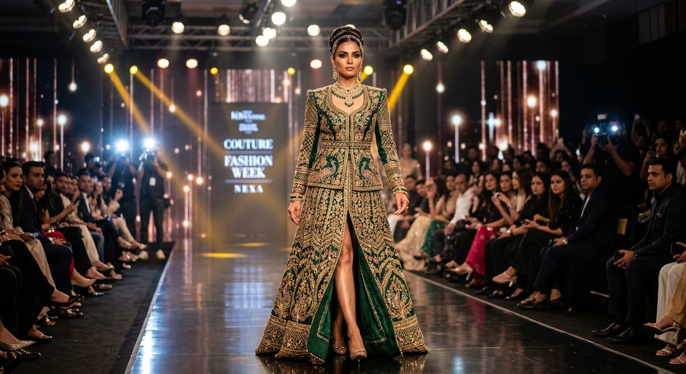 Model showcasing a rich embroidered couture piece on the runway.