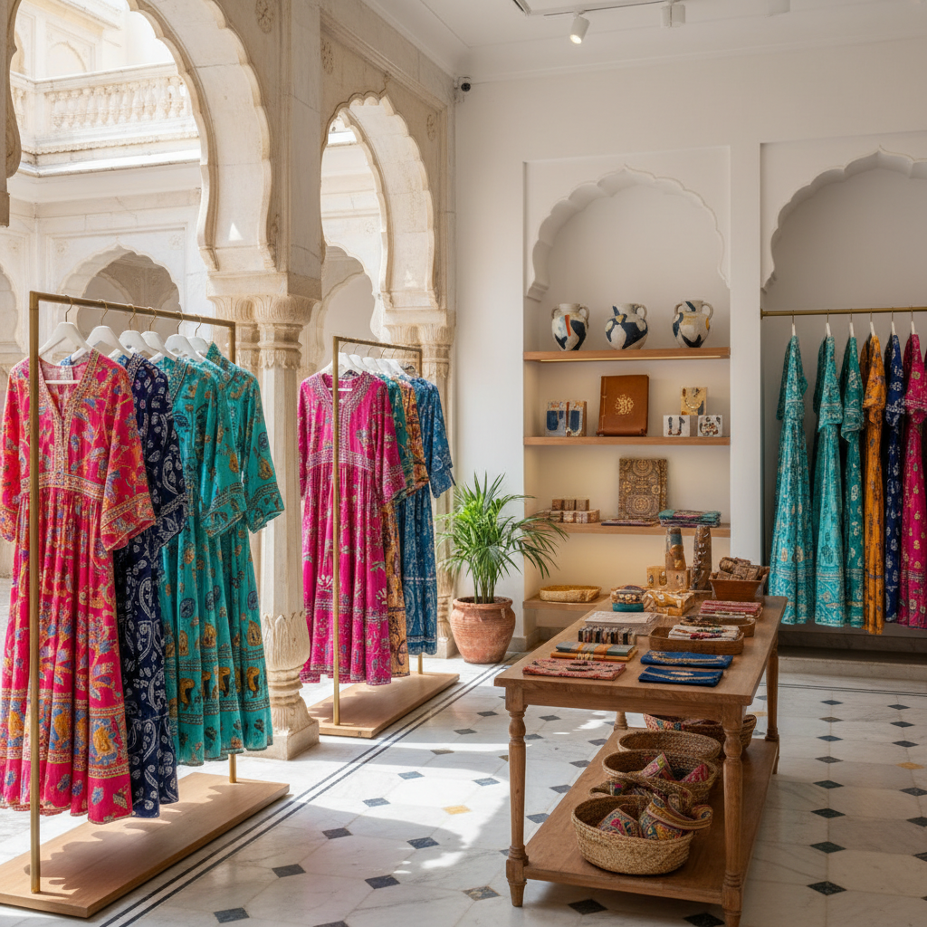 Interior of a modern Jaipur boutique with block-printed garments