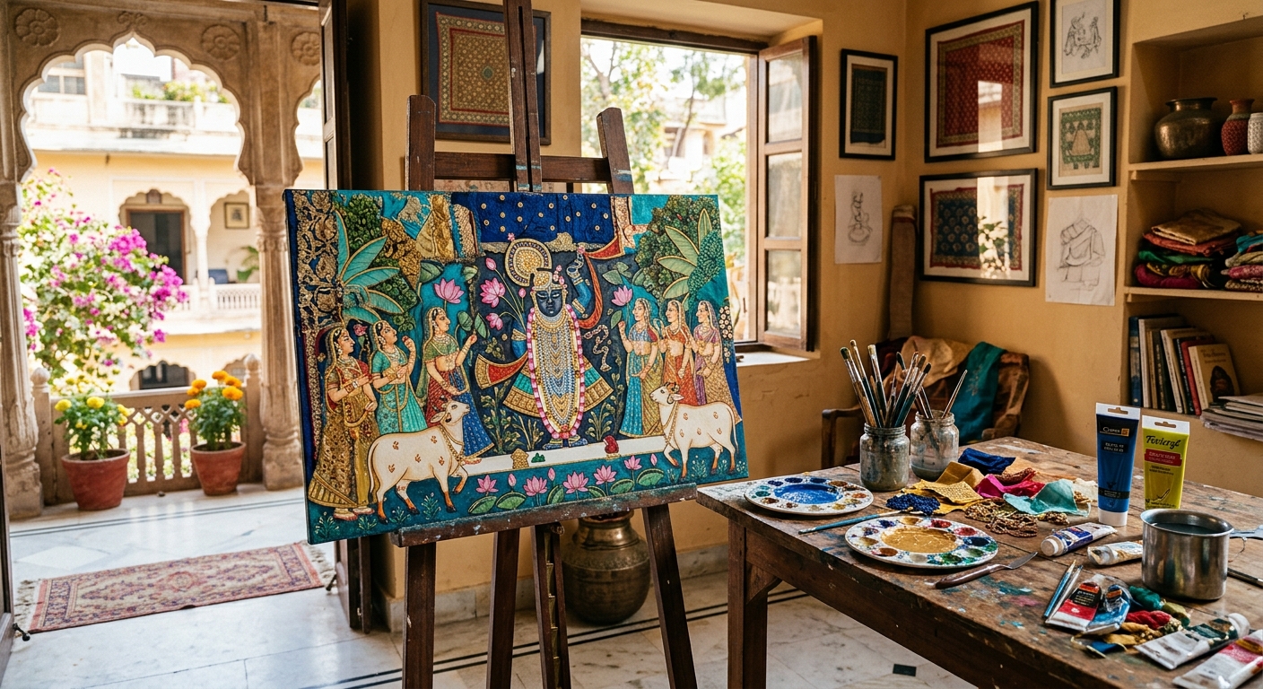 A contemporary Pichwai painting with stitched textiles in a sunlit Jaipur home studio.