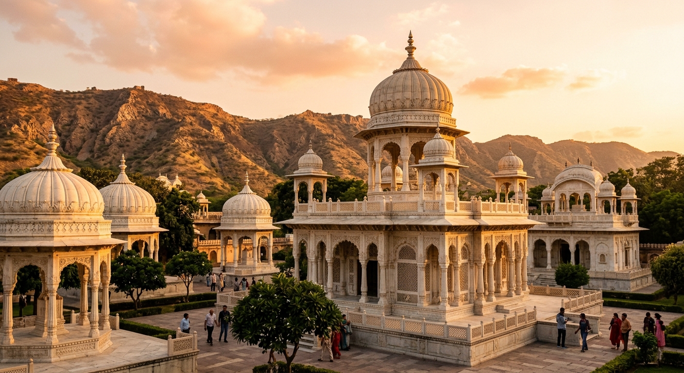 Marble cenotaphs of Royal Gaitor in Jaipur at golden hour